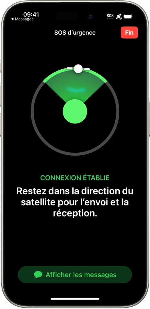 L’écran « Appel d’urgence » montrant que le téléphone est connecté et demandant à l’utilisateur de rester dans la direction du satellite. Le bouton « Afficher les messages » apparaît au bas de l’écran.