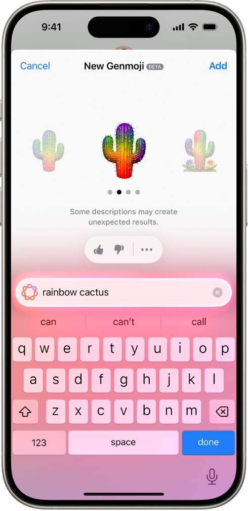 મેસેજ ઍપમાં વાર્તાલાપ બતાવતો iPhone. કીબોર્ડની ઉપર સ્ક્રીનમાં મધ્યમાં Genmoji દેખાય છે.