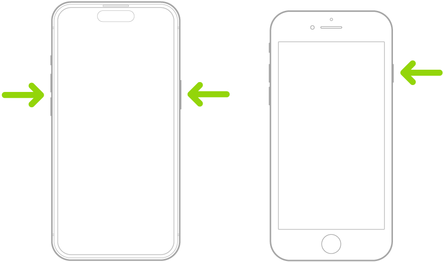ઉપરની તરફની સ્ક્રીનમાં બે અલગ-અલગ iPhoneનાં મૉડલનાં ચિત્ર. સૌથી ડાબી બાજુનું ચિત્ર ડિવાઇસની ડાબી બાજુએ “વૉલ્યૂમ અપ” અને “વૉલ્યૂમ ડાઉન” બટન અને જમણી બાજુએ સાઇડ બટન દર્શાવે છે. સૌથી જમણી બાજુનું ચિત્ર ડિવાઇસની જમણી બાજુએ સાઇડ બટન દર્શાવે છે.