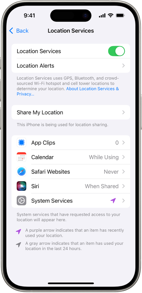 ઍપ્સ સાથે તમારા iPhoneનું લોકેશન શેર કરવા માટે સેટિંગ્સ સાથેની લોકેશન સેવા સ્ક્રીન.