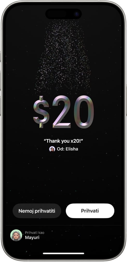 Zaslon značajke Tap to Cash u Novčaniku, na kojem se prikazuje prijenos $20 te tipke Odbaci i Prihvati na dnu zaslona.