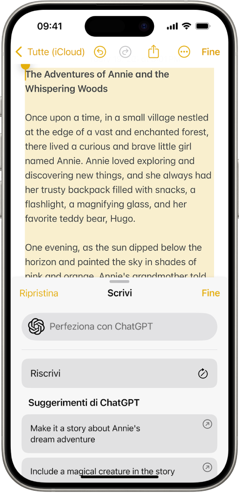 Su iPhone, nell’app Note è in corso la scrittura di una storia. Nella parte inferiore dello schermo è presente la finestra di dialogo per la scrittura con l’aiuto degli strumenti di scrittura che include opzioni per descrivere una modifica, riscrivere, scegliere i suggerimenti di ChatGPT e altro ancora.