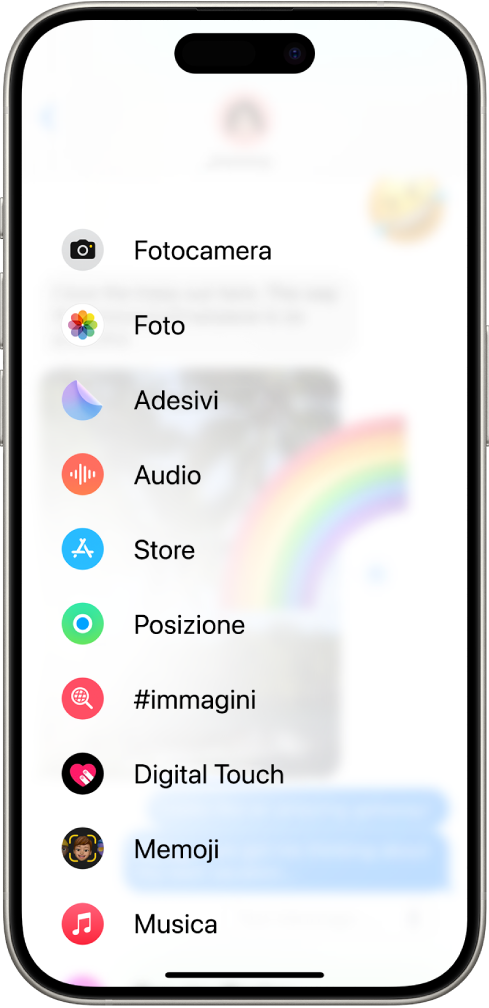Dopo aver toccato il pulsante App in una conversazione di Messaggi, viene visualizzato un elenco di funzionalità da aggiungere al tuo messaggio.
