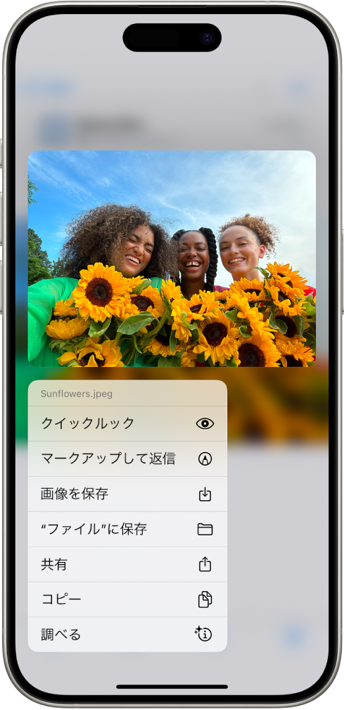 メールの添付ファイルが選択され、実行できるアクションが表示されています。