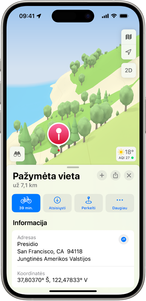 Žemėlapis, kuriame pavaizduotas parke uždėtas smeigtukas. Po ja yra mygtukų, kuriais galima gauti nurodymus į smeigtuką, atsisiųsti jo apylinkes arba jį perkelti.