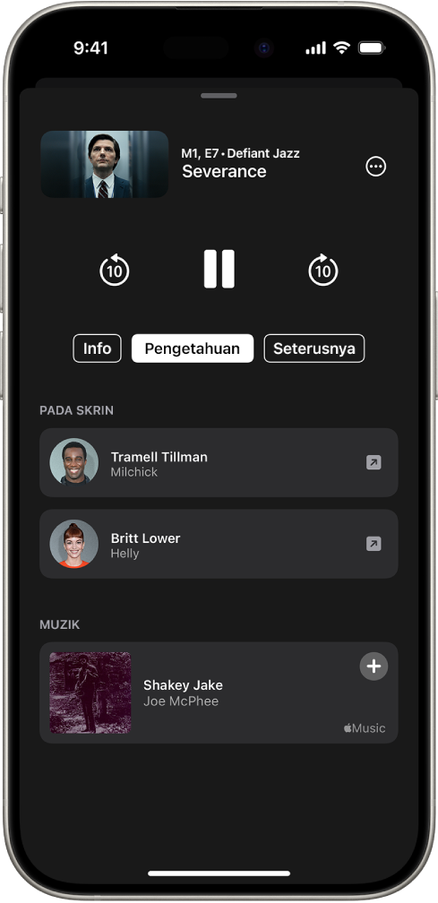 Skrin Pengetahuan dalam Apple TV yang menunjukkan pelakon dan muzik dimainkan dalam rancangan di atas.