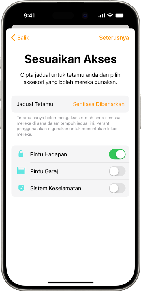 Skrin Sesuaikan Akses dalam app Rumah. Di bahagian atas skrin ialah Jadual Tetamu dan di bawahnya ialah aksesori yang tetamu boleh dan tidak boleh akses.