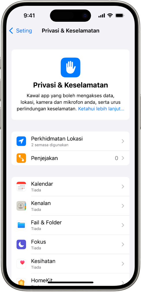 Skrin Privasi & Keselamatan dalam Seting.