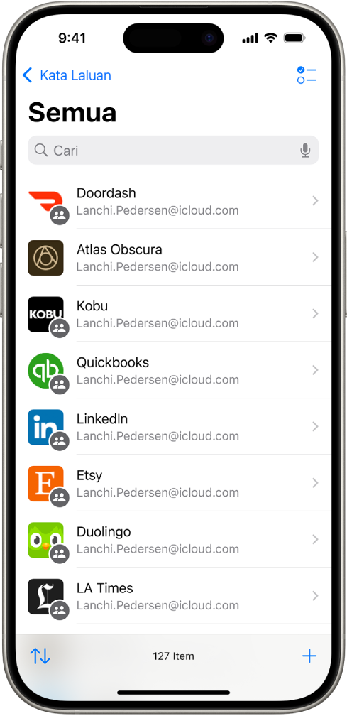 Senarai app dalam app Kata Laluan.