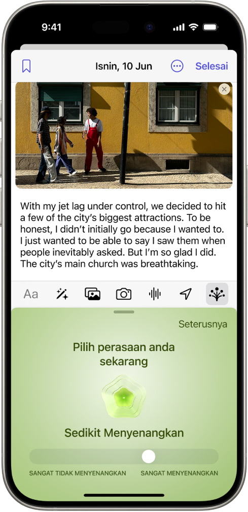 App Jurnal menunjukkan catatan jurnal di bahagian atas skrin. Di bahagian bawah skrin ialah gelangsar untuk melog keadaan minda anda.