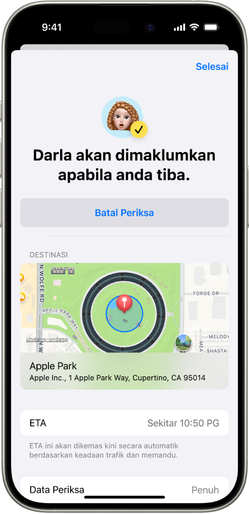 Skrin Periksa menunjukkan rakan akan dimaklumkan dalam masa 14 minit, di bawahnya ialah pilihan untuk melanjutkan masa atau membatalkan Periksa. Di bahagian bawah ialah peta yang menunjukkan lokasi semasa.