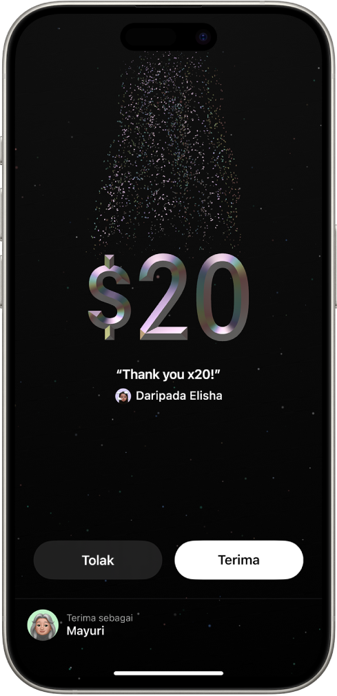 Skrin Tap to Cash dalam Wallet, yang menunjukkan $20 sedang dipindahkan dan butang Tolak serta Terima di bahagian bawah skrin.