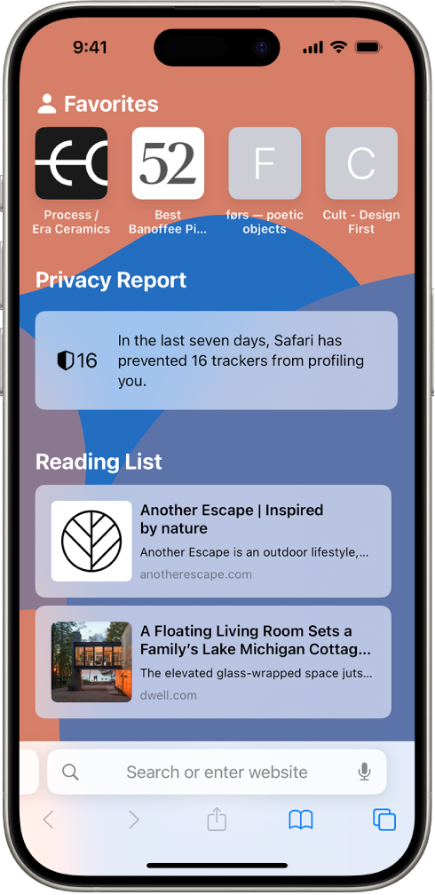 အနှစ်သက်ဆုံးဝက်ဘ်ဆိုက်များ၊ Privacy Report နှင့် Reading List တွင် သိမ်းဆည်းထားသည့်ဝက်ဘ်ဆိုက်များကို ပြသသည့် Safari မှ ကနဦးစာမျက်နှာ။