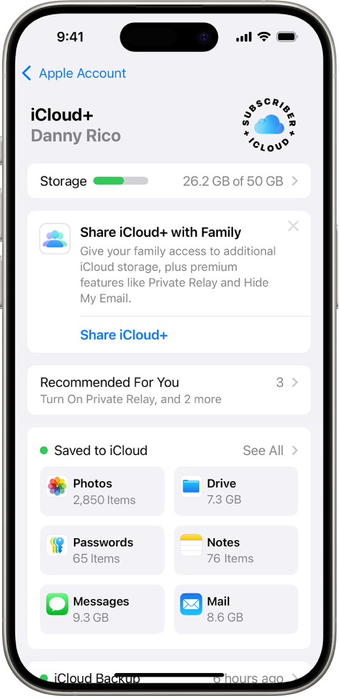 iCloud သိမ်းဆည်းမှုမီတာနှင့် iCloud နှင့် အသုံးပြုနိုင်သည့် Photos၊ iCloud Drive နှင့် iCloud Backup အပါအဝင်—အစီအစဉ်များစာရင်းကို ဖော်ပြထားသည့် iCloud ချိန်ညှိမှုများ ဖန်သားပြင်။
