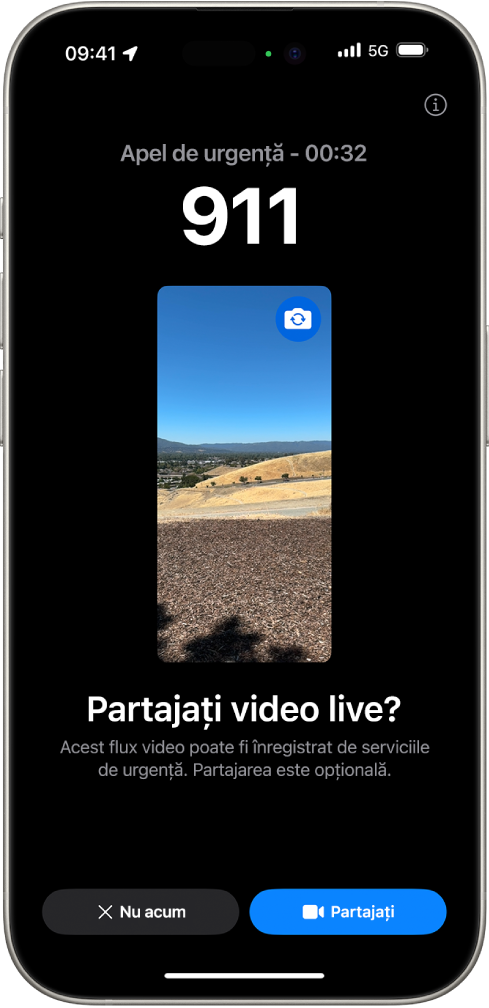 Ecran Video live S.O.S. urgențe afișând un apel telefonic de urgență la 911 cu o previzualizare video în partea de mijloc. În partea de jos se află butoanele Nu acum și Partajați video.