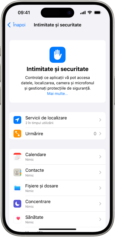 Ecranul Intimitate și securitate din Configurări.