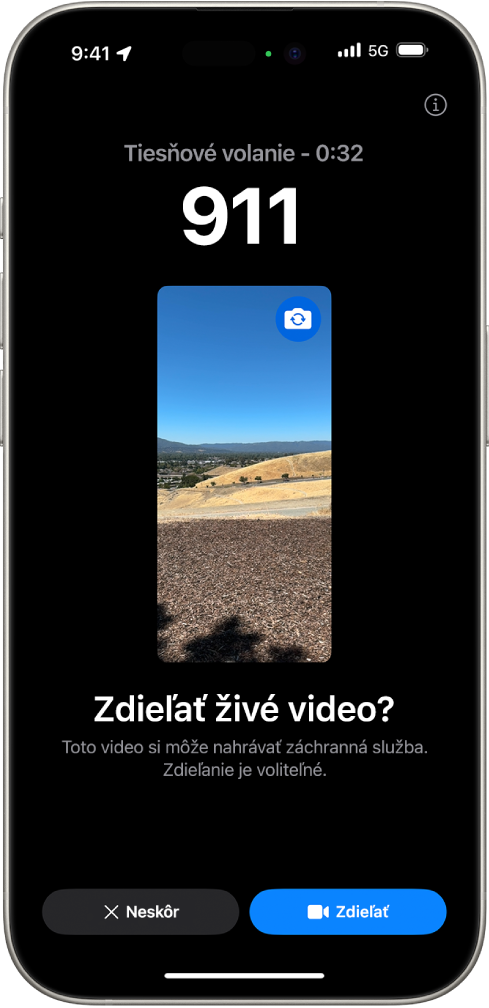 Obrazovka Živé video SOS zobrazujúca tiesňový hovor 911 s video náhľadom v strede. V spodnej časti sú tlačidlá Teraz nie a Zdieľať video.