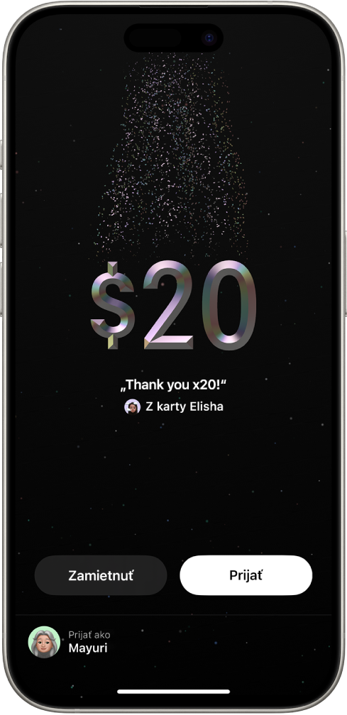 Obrazovka Tap to Cash v apke Peňaženka zobrazujúca prevod 20 USD a tlačidlá Prijať a Zamietnuť v spodnej časti obrazovky.