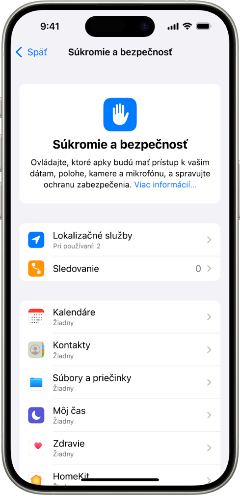 Obrazovka Súkromie a bezpečnosť v Nastaveniach.