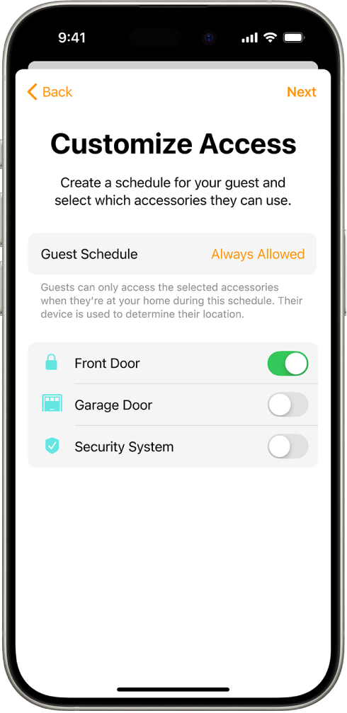 Екран Customize Access у апликацији Home приказује Guest Schedule и приступ за Front Door, Garage Door и Security System.