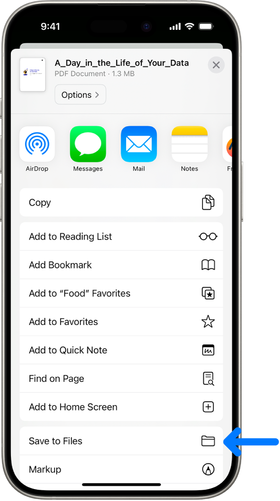 У прегледачу Safari је тапнуто на дугме Share у PDF документу, те је при дну екрана откривена листа опција која укључује Save to Files.