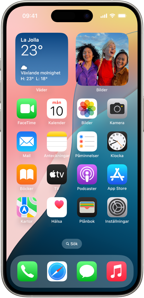 En skärmavbild visar ett exempel på den förvalda hemskärmen som ingår i iOS 18.
