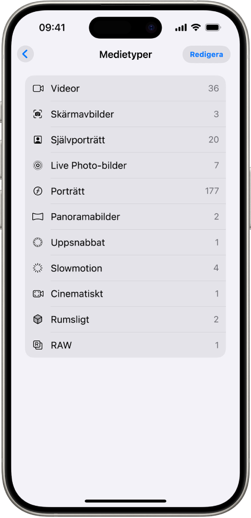 I appen Bilder är samlingen Medietyper öppen och en lista över samlingar med bilder visas.
