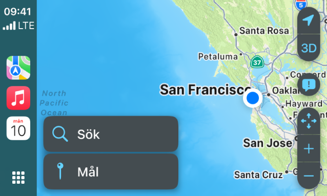 En CarPlay-skärm visar en karta över San Francisco. Till höger finns plats-, 3D- och zoomknapparna och knappen för att rapportera faror. Längst ned finns knapparna Sök och Mål.