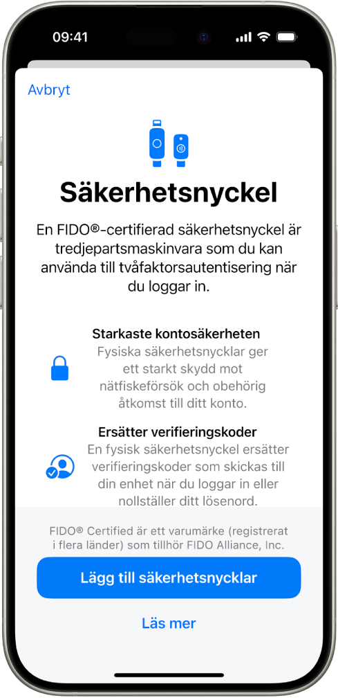 Välkomstskärmen för säkerhetsnycklar. Nära nederkanten finns knappen Lägg till säkerhetsnycklar och en Läs mer-länk. Ovanför dem finns en förklarande text om fördelarna med att använda säkerhetsnycklar.