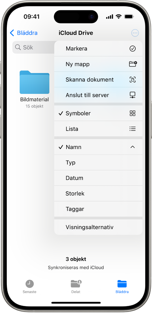Appen Filer med merknappen markerad. I menyn som syns finns alternativen Markera, Ny mapp, Skanna dokument och Anslut till server. Under den finns alternativ för att visa objekt på skärmen symboler eller en lista. Längst ned finns sorteringsalternativen Namn, Typ, Storlek och Taggar och sedan Visningsalternativ.