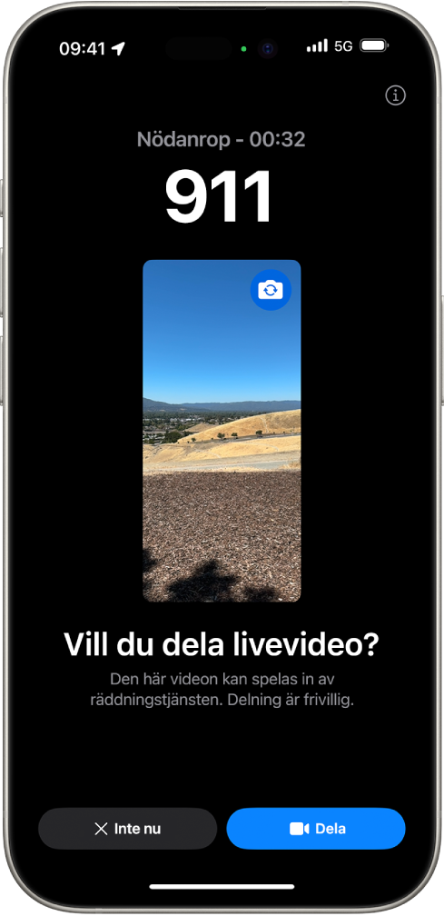 En skärm för Nödanrop SOS med livevideo visar ett telefonsamtal till 112 med en förhandsvisning av en video i mitten. Längst ned finns knappar för Inte nu och Dela video.