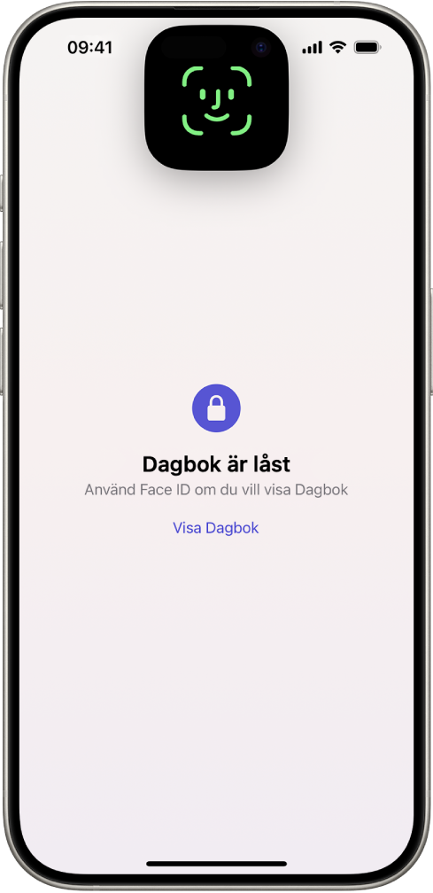 En skärm som uppmanar dig att använda Face ID till att låsa upp dagboken.