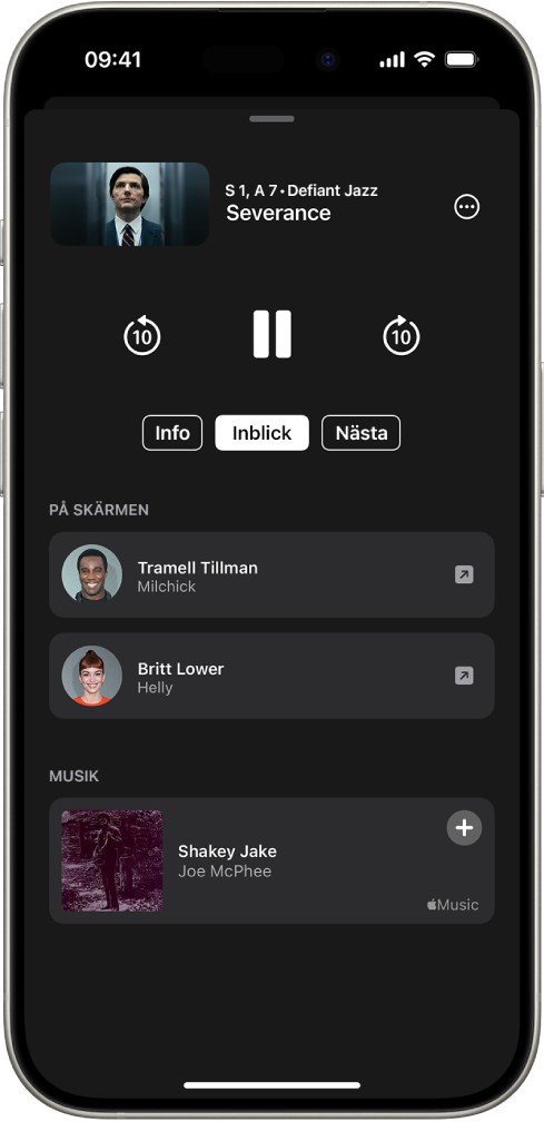 Skärmen Insikter i Apple TV-appen visar skådespelarna och musiken som spelas i programmet ovanför.