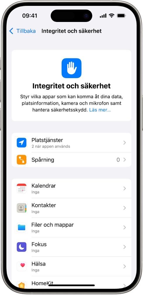 Skärmen Integritet och säkerhet i Inställningar.
