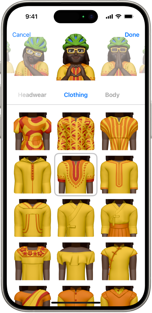 Memoji திரையின் நடுவில், உருவாக்கப்படும் கதாபாத்திரம் காட்டப்படும், அந்தக் கதாபாத்திரத்தின் கீழே பிரத்தியேகமாக்குவதற்கான அம்சங்கள் இருக்கும், அதற்கும் கீழே, தேர்ந்தெடுக்கப்பட்ட அம்சத்திற்கான விருப்பங்கள் இருக்கும். “முடிந்தது” பட்டன் மேல் வலதுபுறத்திலும் “ரத்துசெய்” பட்டன் மேல் இடதுபுறத்திலும் இருக்கும்.