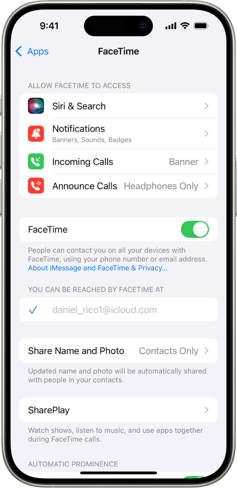 FaceTimeను ఆన్ లేదా ఆఫ్ చేయడానికి స్విచ్ను, FaceTime కోసం మీ Apple ఖాతాను చూపుతున్న FaceTime సెట్టింగ్స్ స్క్రీన్.