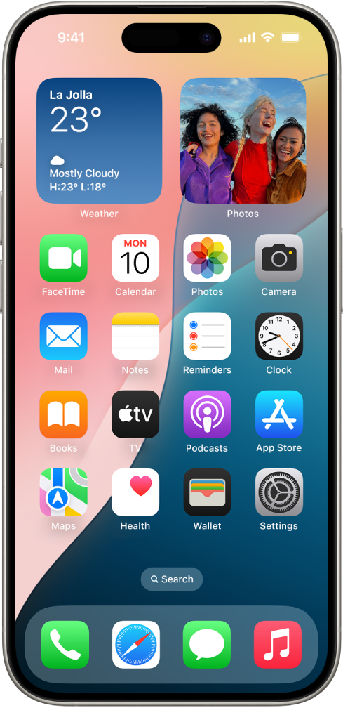 کئی ایپ آئیکن کے ساتھ ہوم اسکرین، بشمول سیٹنگ ایپ آئیکن جسے آپ اپنے iPhone کی آواز کے والیوم، اسکرین روشنی وغیرہ کو تبدیل کرنے کے لیے ٹیپ کر سکتے ہیں۔