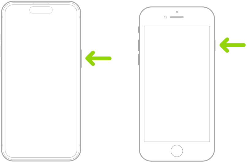 ‏iPhone کے دائیں طرف بٹن کی طرف اشارہ کرتا ہوا سبز رنگ کا تیر۔