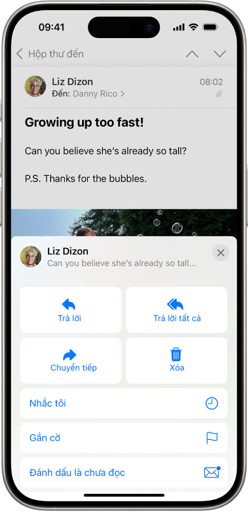 Một email đang hiển thị các tùy chọn trả lời. Ngang qua giữa màn hình, từ trái sang phải, là Trả lời, Trả lời tất cả, Chuyển tiếp và Xóa.