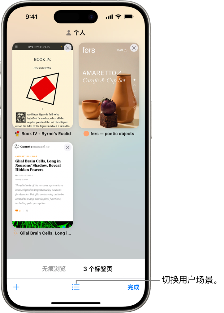 iPhone 屏幕,显示打开的 Safari 浏览器标签页。Safari 浏览器标签页组图标位于屏幕底部。轻点该图标切换用户场景。