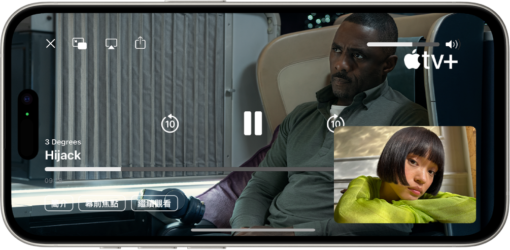 包含「同播共享」階段的 FaceTime 通話，顯示通話中共享的 Apple TV+ 影片內容。共享內容者顯次在小視窗中，影片填滿其餘畫面，播放控制項目在影片最上方。